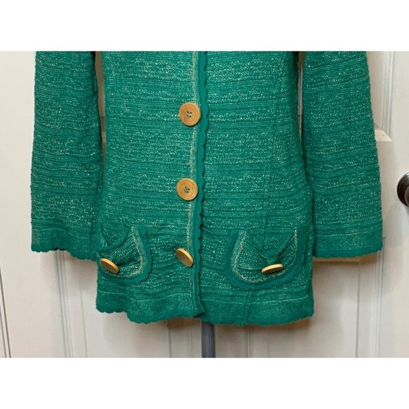 Manouch Pauline Teal Green & Metallic Gold Ruffle Cardigan, Size M - Picture 3 of 11